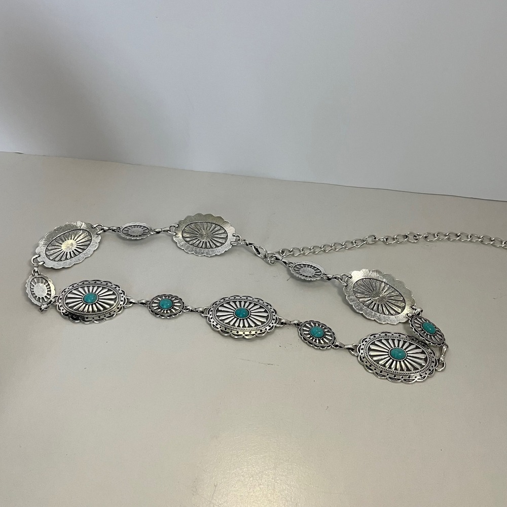 Western Silver Tone Turquoise Concho Chain Belt Adjustable Southwestern Style